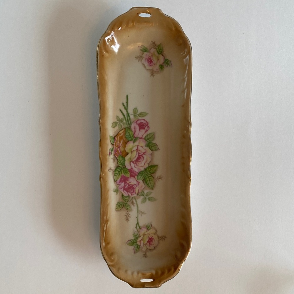 Vintage Floral Ceramic Tray w/Gold Accents. Perfect for Keys,Jewelry,Hair Bows